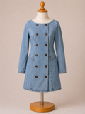 Women's Vintage Denim Double-Breasted Dress – Light Wash Long Sleeve Button Front