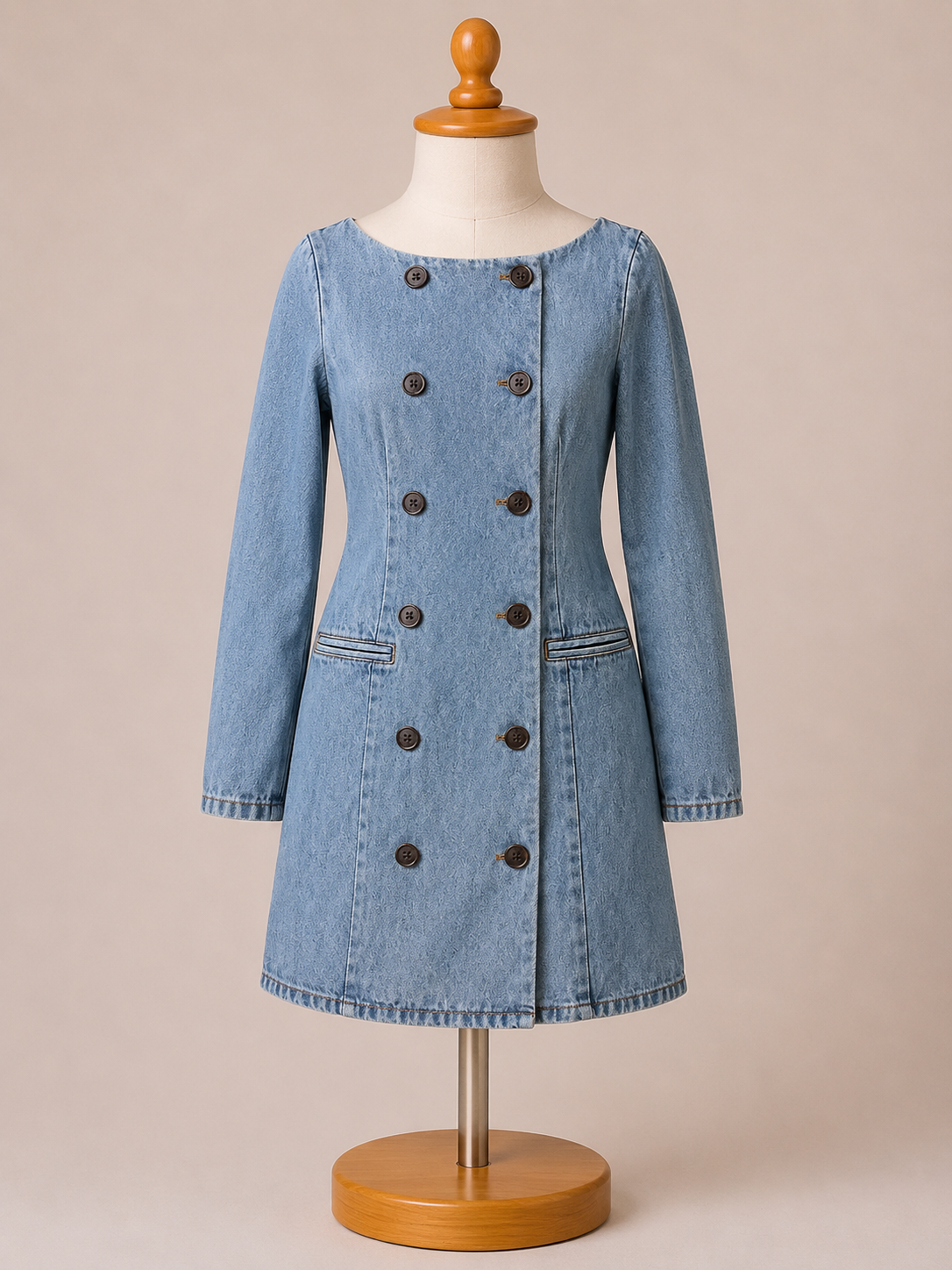 Women's Vintage Denim Double-Breasted Dress – Light Wash Long Sleeve Button Front