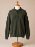 Men's Dark Olive Ribbed Henley Knit Sweater | Button Mock Neck Pullover