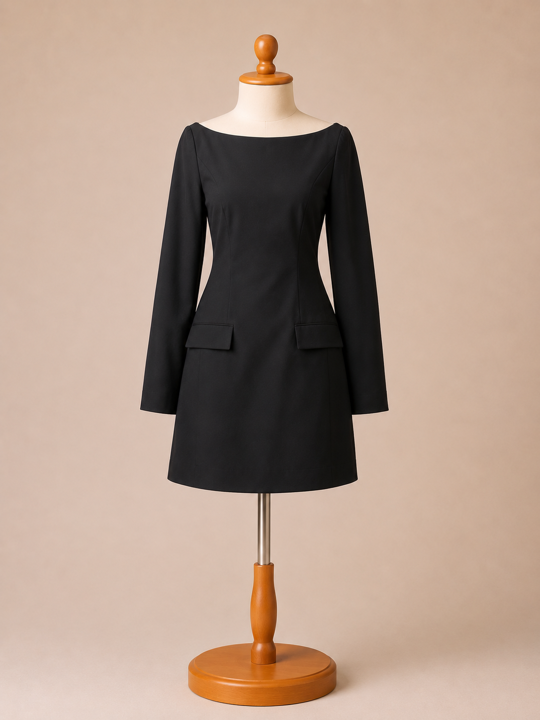 Women's Black Boat Neck Long Sleeve Mini Dress | Tailored Career & Cocktail Dress