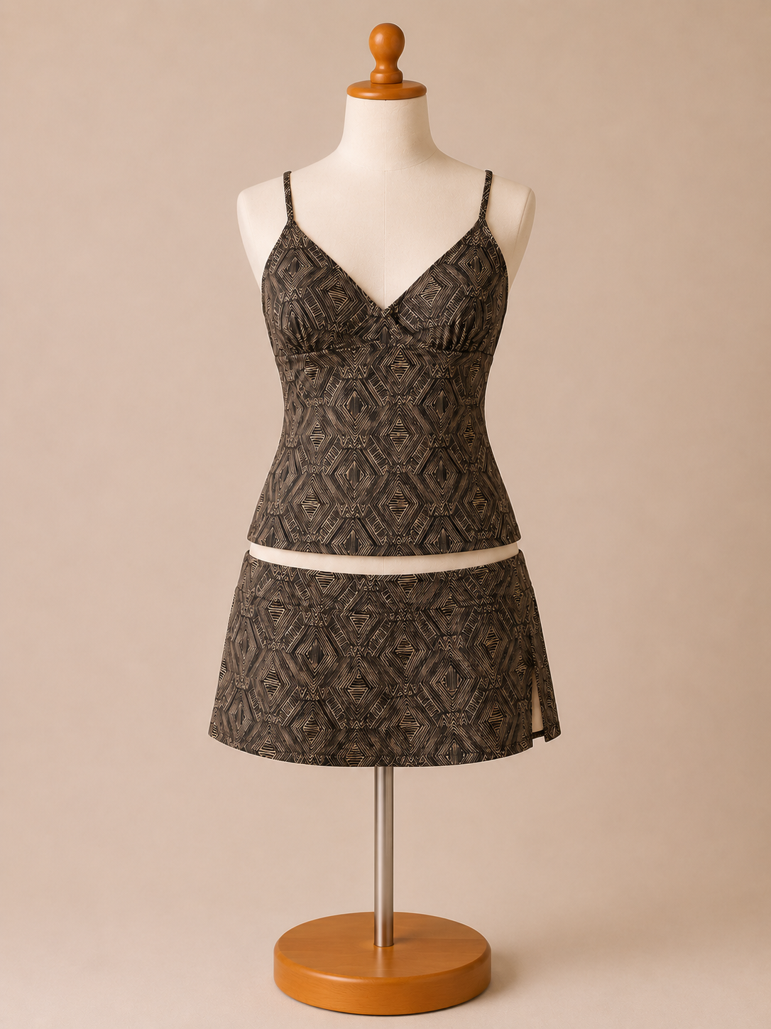 Women's Geometric Print 2-Piece Tankini Swimsuit with Swim Skirt | Brown & Black