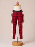 Girls Red Plaid Side Stripe Leggings | Glitter Waistband Stretch Pants