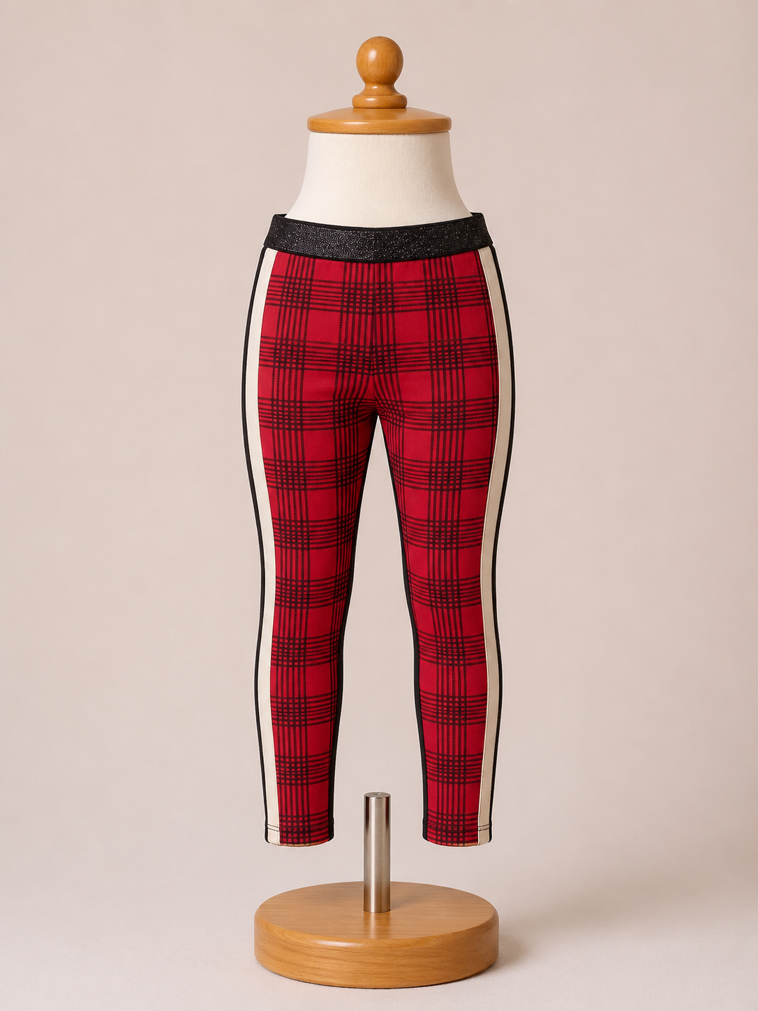 Girls Red Plaid Side Stripe Leggings | Glitter Waistband Stretch Pants