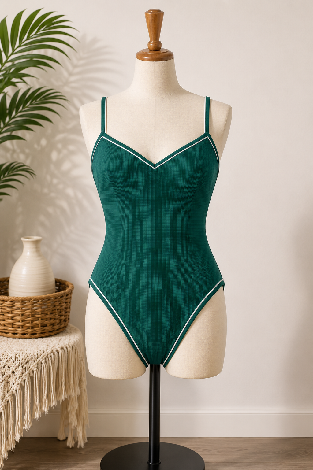 Women's Emerald Green Textured One-Piece Swimsuit with Contrast Trim