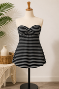 Women's Black & White Striped Swimdress One-Piece Swimsuit with Removable Straps