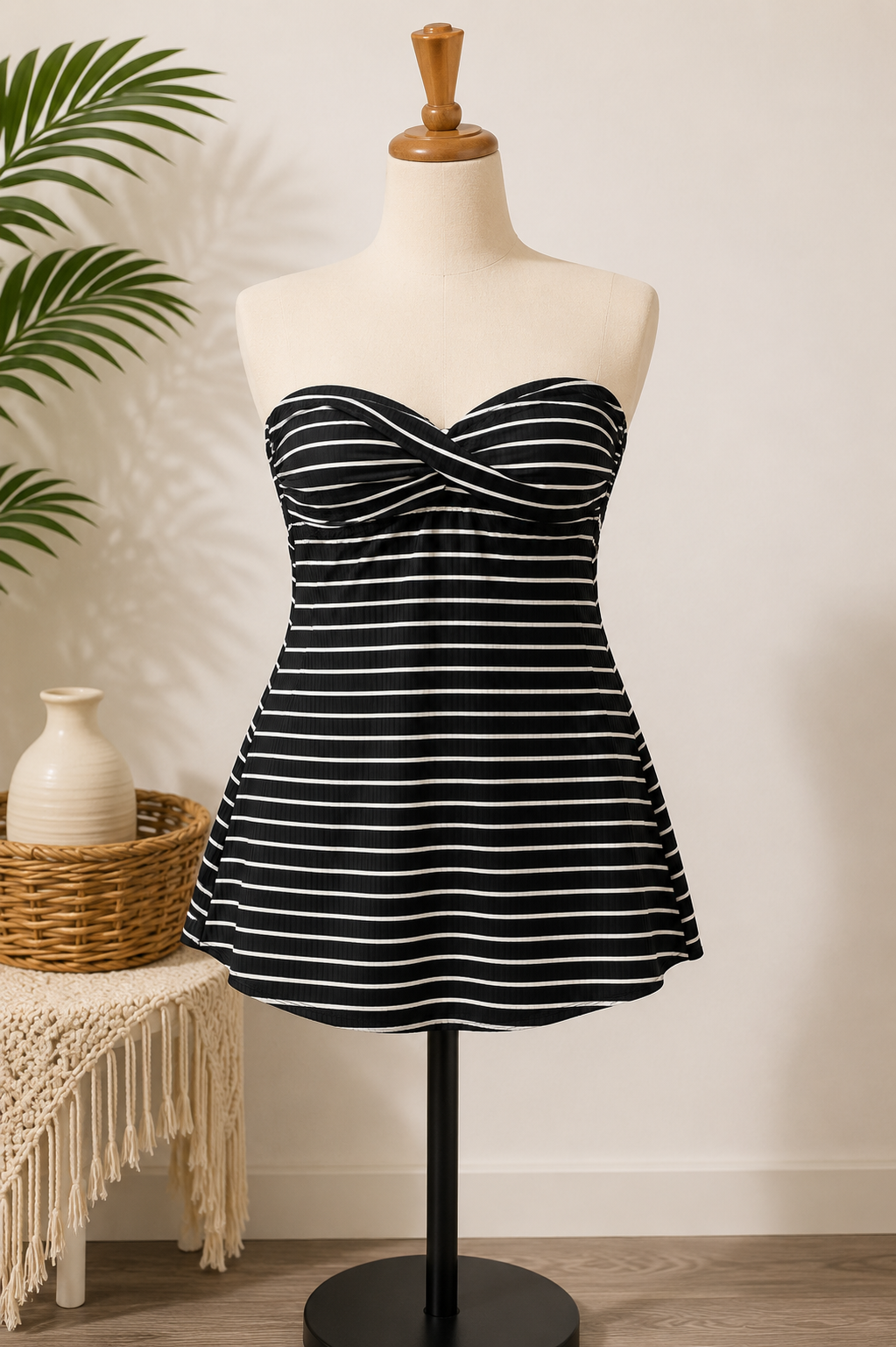 Women's Black & White Striped Swimdress One-Piece Swimsuit with Removable Straps