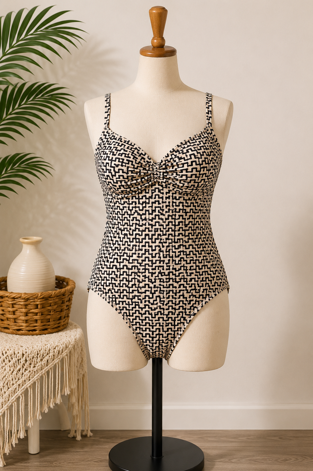 Women's Cream & Black Geometric Print One-Piece Swimsuit | Adjustable Straps