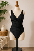 Women's Classic Black Ruched One-Piece Swimsuit with Scalloped Neckline