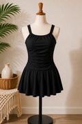 Women's Black Cross-Back Swim Dress One-Piece Swimsuit with Built-In Skirt