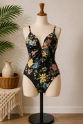 Women's Tropical Floral One-Piece Swimsuit | Black Floral V-Neck Swimwear