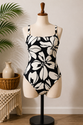 Women's Black & Ivory Tropical Floral One-Piece Swimsuit | Adjustable Straps