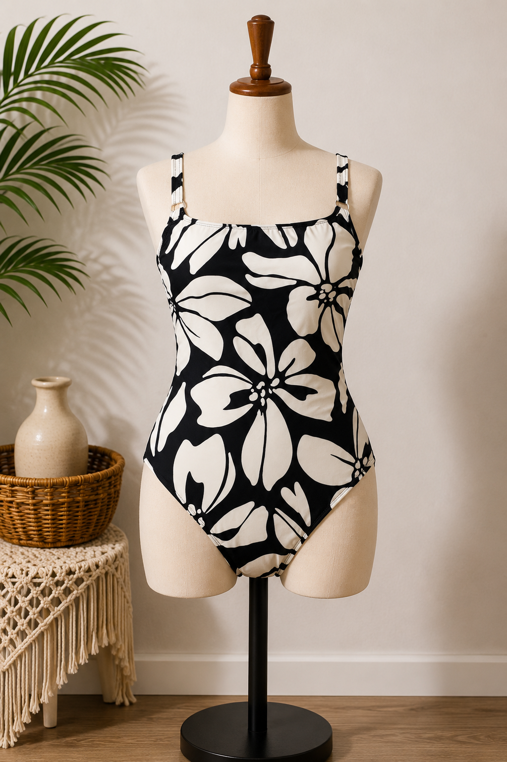 Women's Black & Ivory Tropical Floral One-Piece Swimsuit | Adjustable Straps
