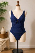 Women's Navy Textured One-Piece Swimsuit with Front Tie Cutout