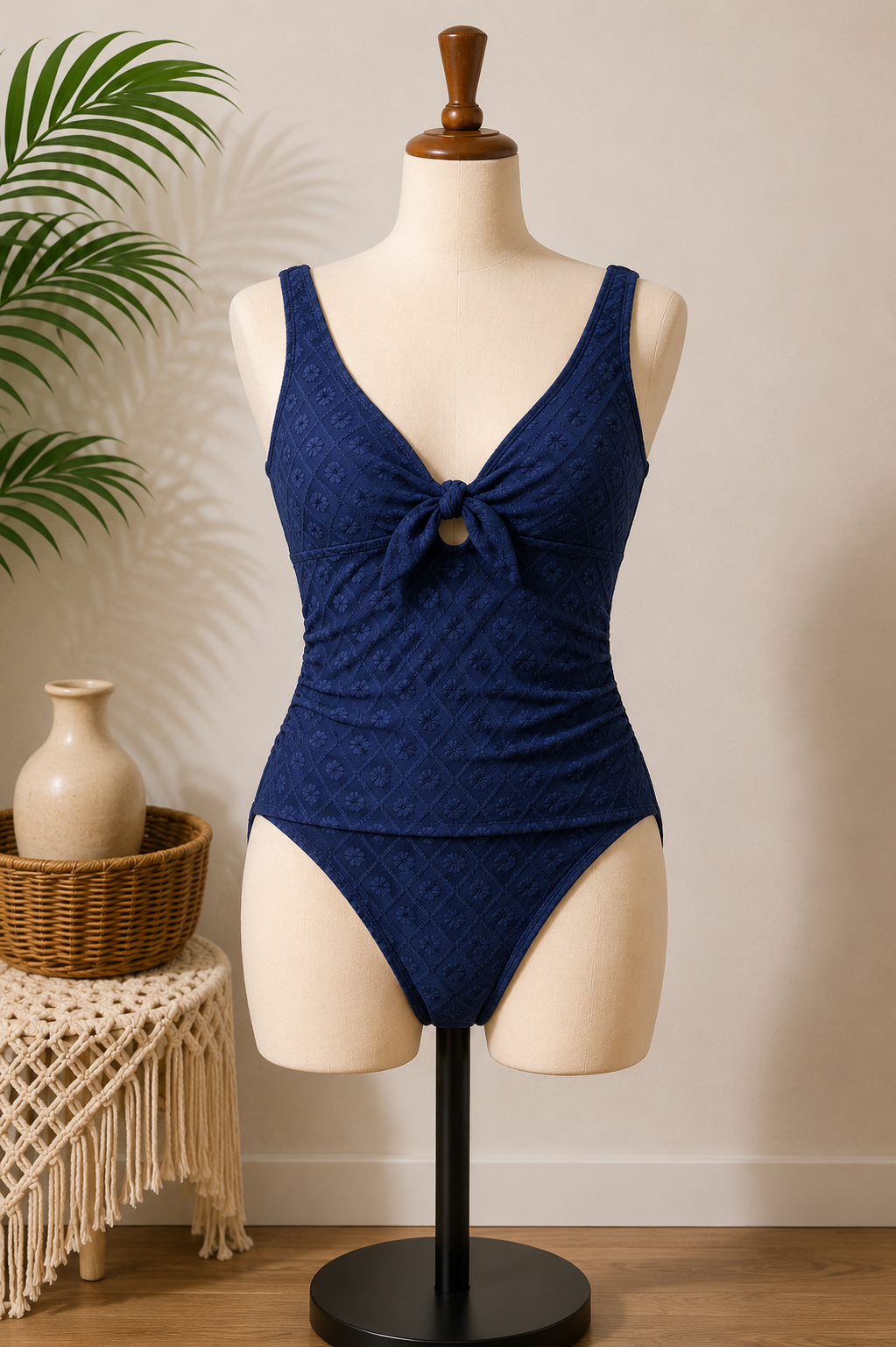 Women's Navy Textured One-Piece Swimsuit with Front Tie Cutout