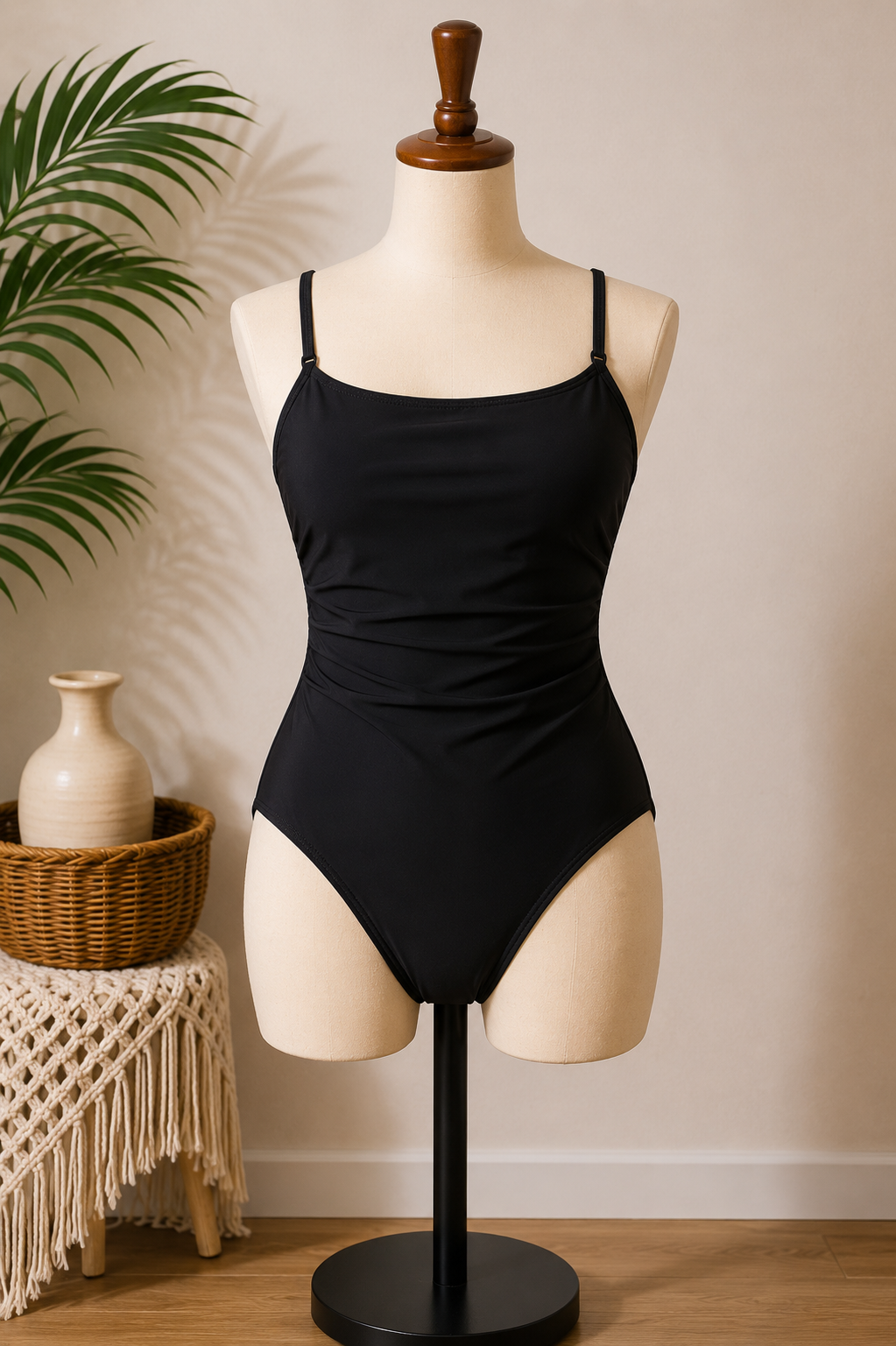 Women's Classic Black One-Piece Swimsuit | Adjustable Straps | Tummy Control Swimwear
