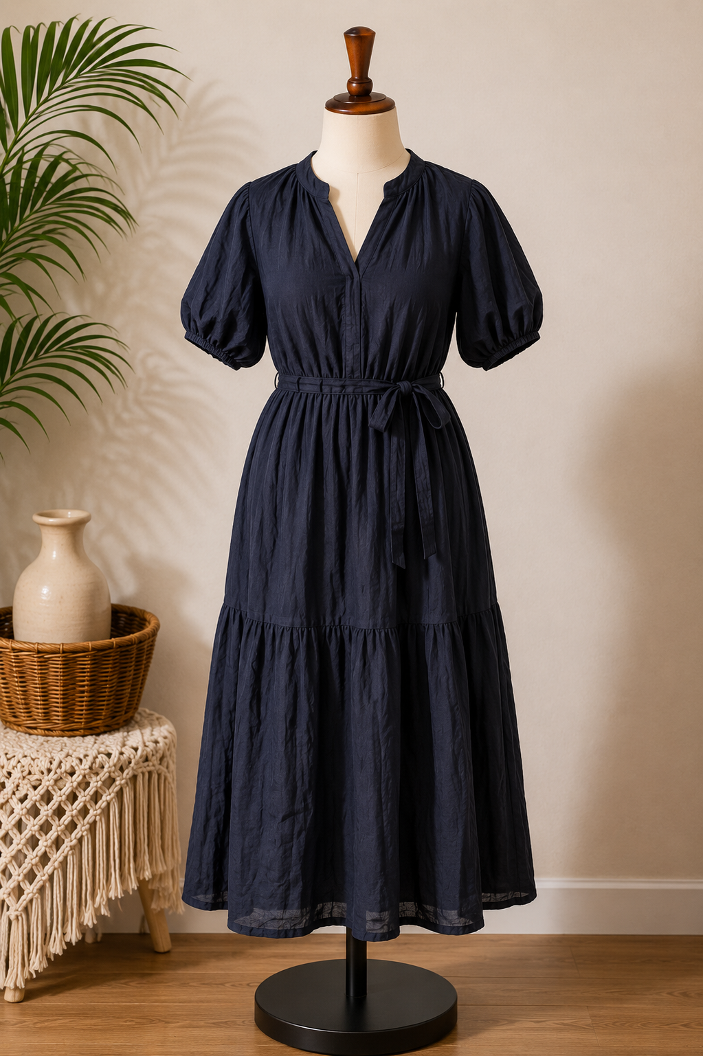 Women's Navy Blue Puff Sleeve Tiered Maxi Dress