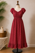Women's Burgundy Plaid Maxi Dress with Puff Sleeves & Ruffle Hem