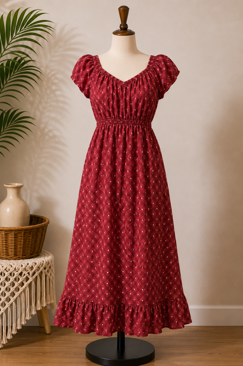 Women's Burgundy Plaid Maxi Dress with Puff Sleeves & Ruffle Hem