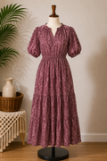 Women's Mauve Floral Tiered Maxi Dress with Puff Sleeves