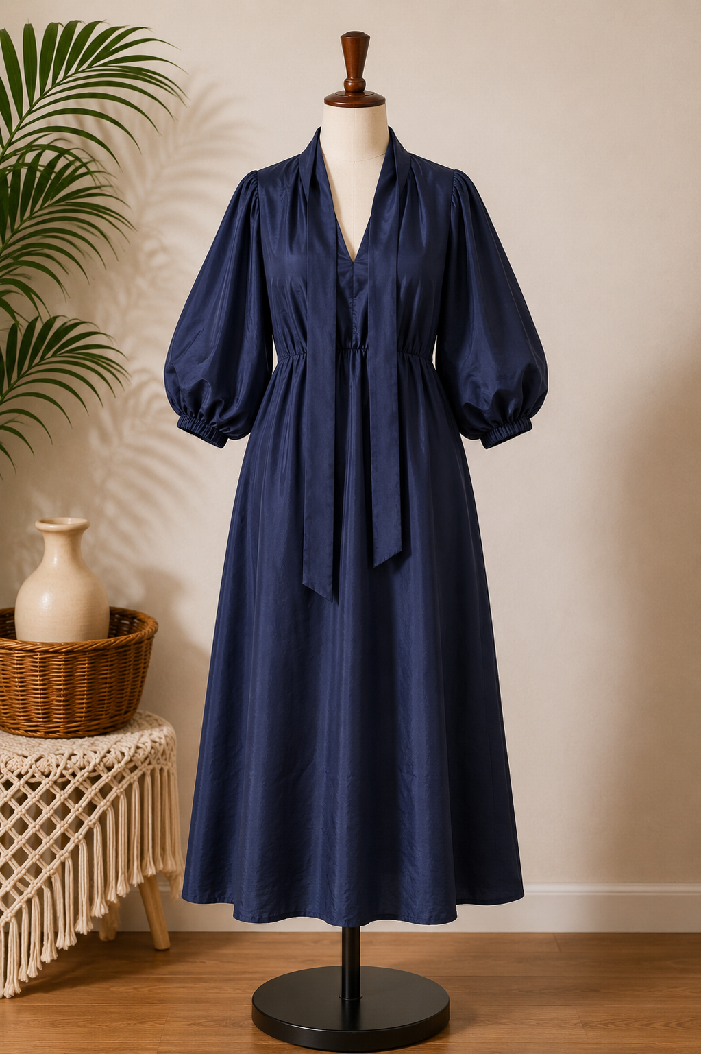 Women's Navy Blue Tie-Neck Midi Dress with Puff Sleeves