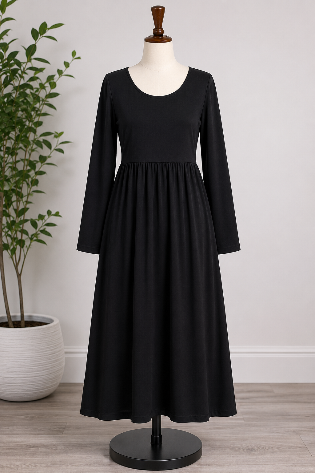 Women's Black Long Sleeve Babydoll Midi Dress