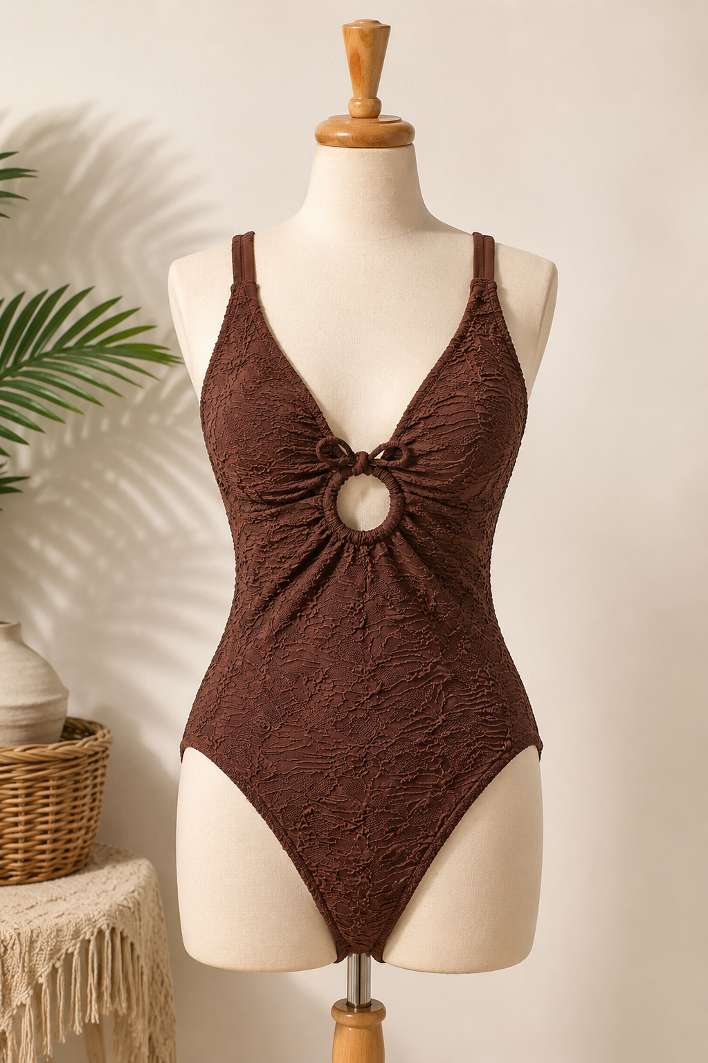Women's Textured Chocolate Brown One-Piece Swimsuit with Ring Detail