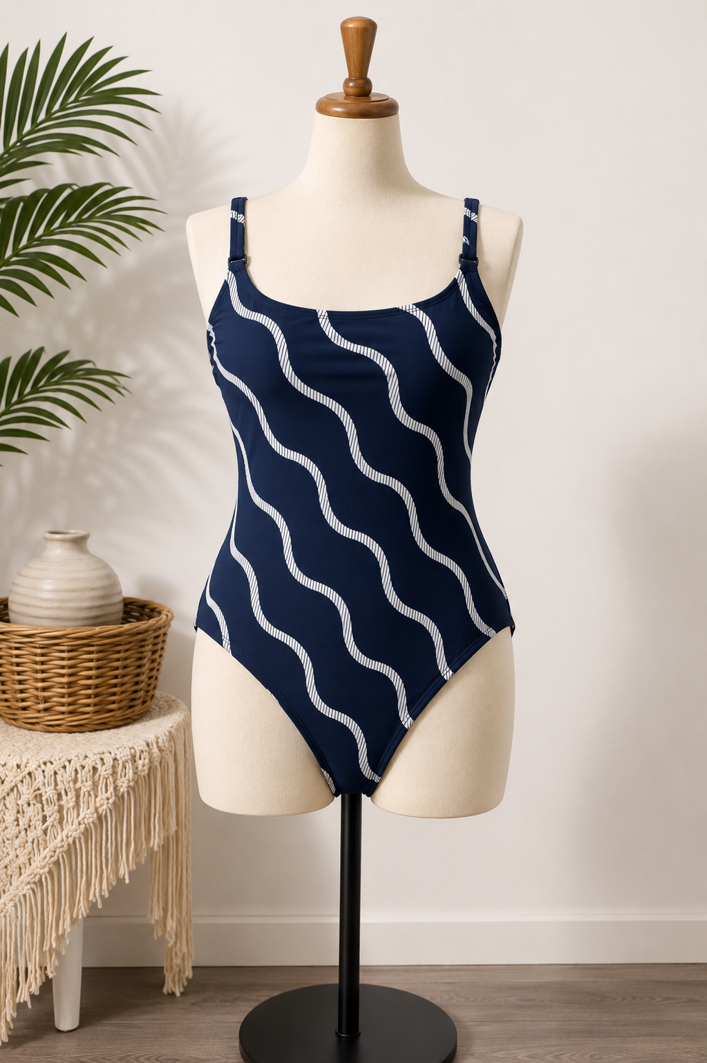 Women's Navy Blue One-Piece Swimsuit with White Wave Print | Adjustable Straps