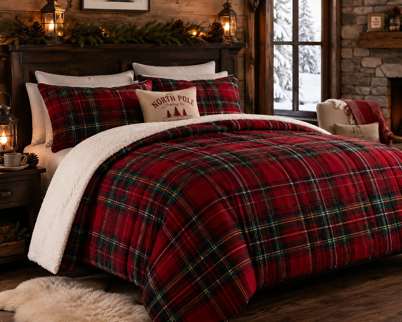 North Pole Trading Co. Reversible Plaid Sherpa Comforter Set – King Size