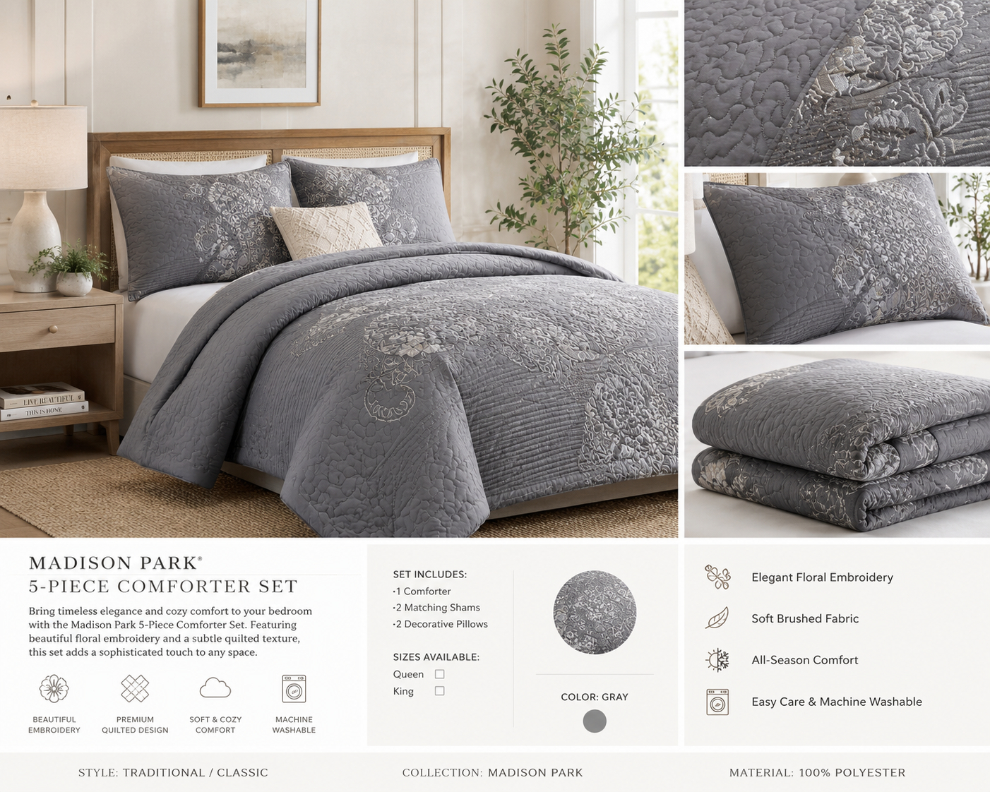 Madison Park Gray Embroidered 5-Piece Comforter Set – King Size