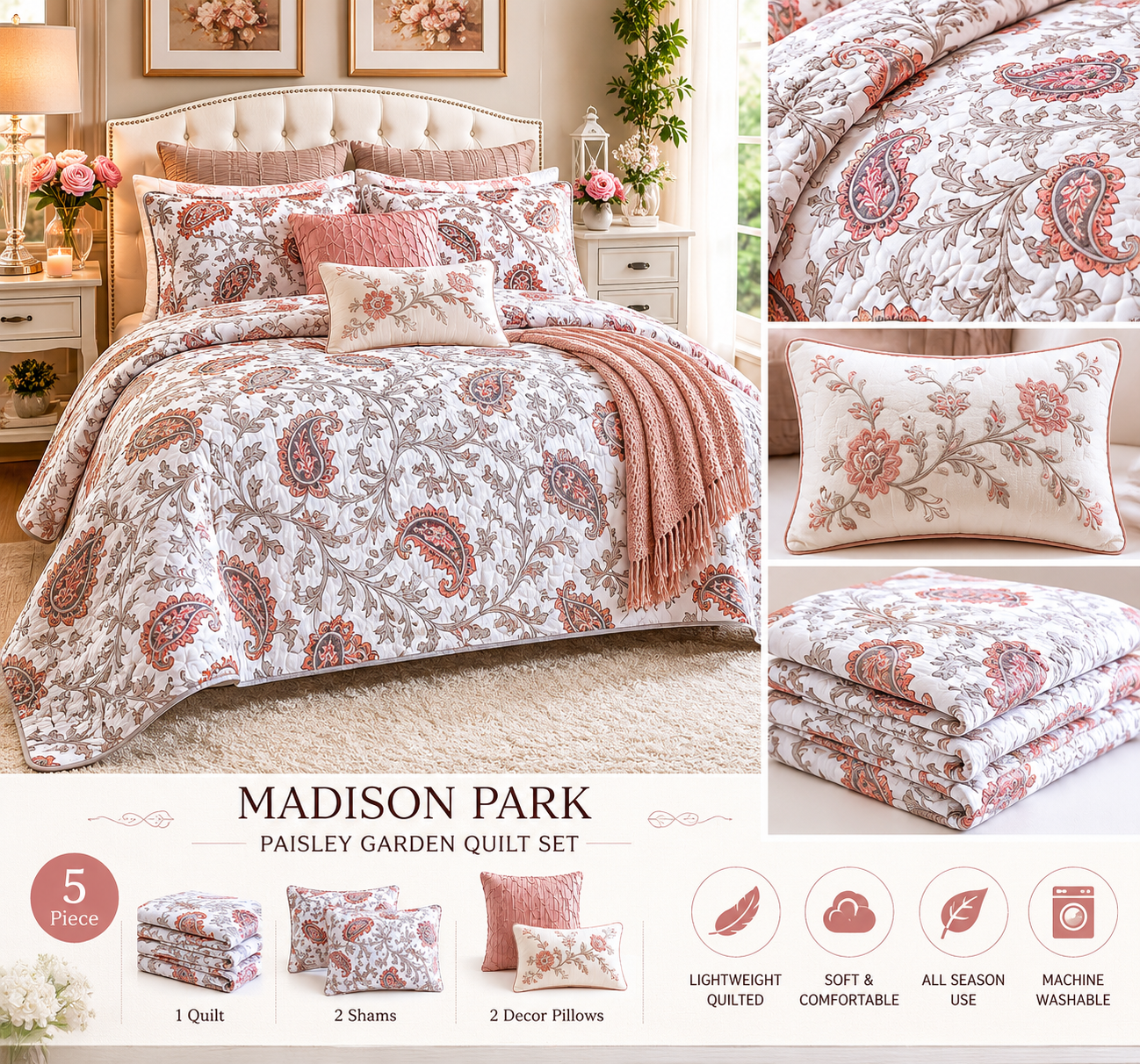 Madison Park™ Paisley Garden 5-Piece Quilt Set – Soft Neutral Floral Bedding
