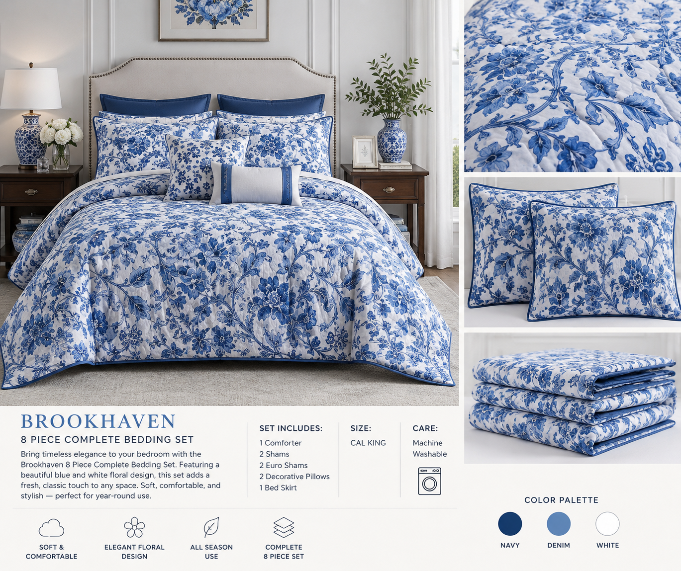 Brookhaven Blue Floral 8-Piece Complete Bedding Set – California King
