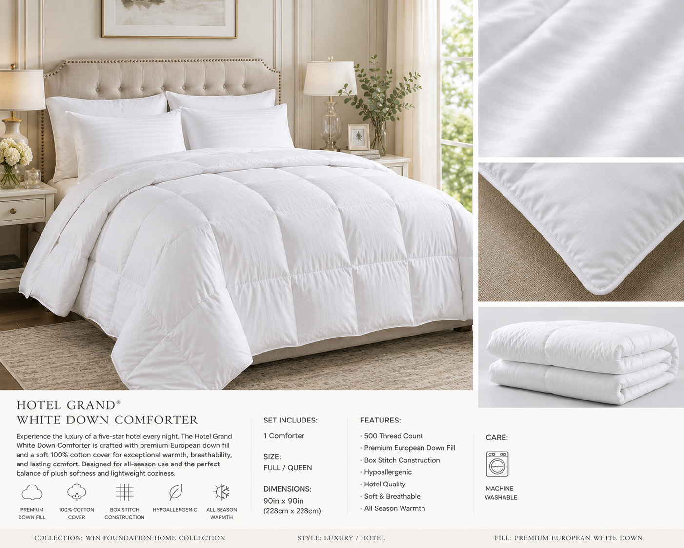 Hotel Grand™ European White Down Comforter – Luxury Hotel Collection (Full/Queen)