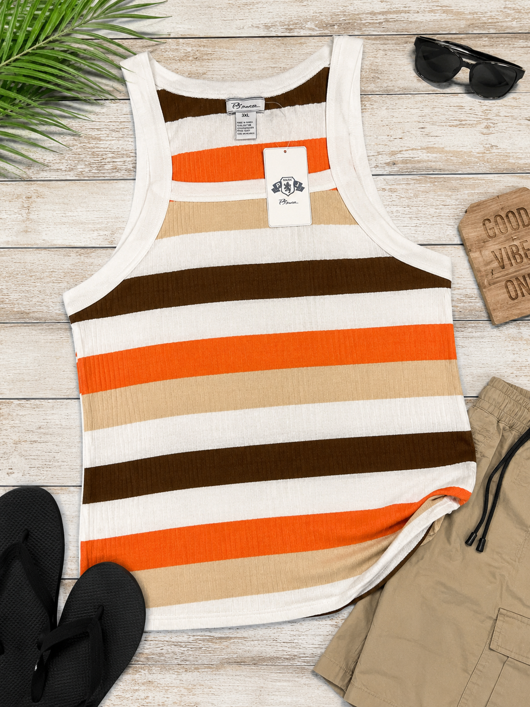 B-More Women's Ribbed Striped Tank Top – Orange, Brown, Cream & White | 3XL
