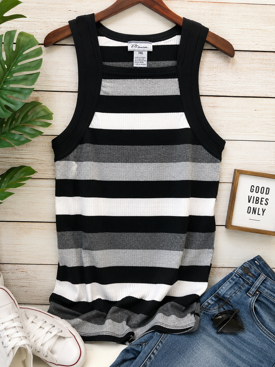 B-More Men's Sleeveless Striped Knit Tank Top – Black, White & Gray | 3XL