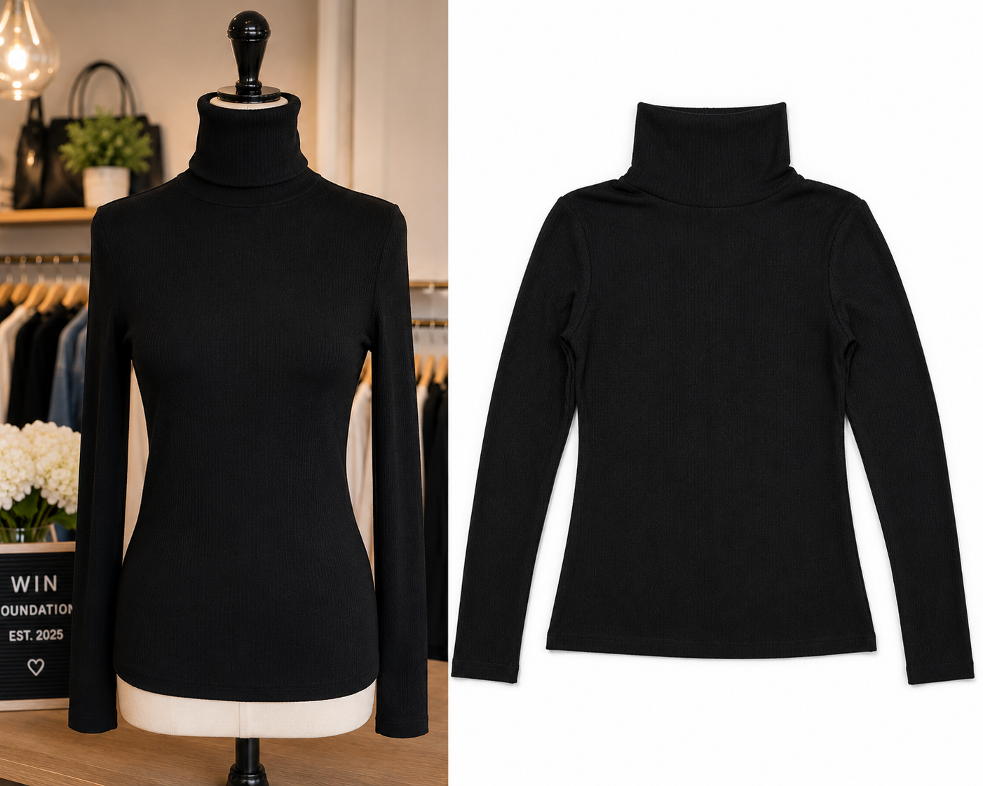 Women's Classic Black Ribbed Turtleneck Top