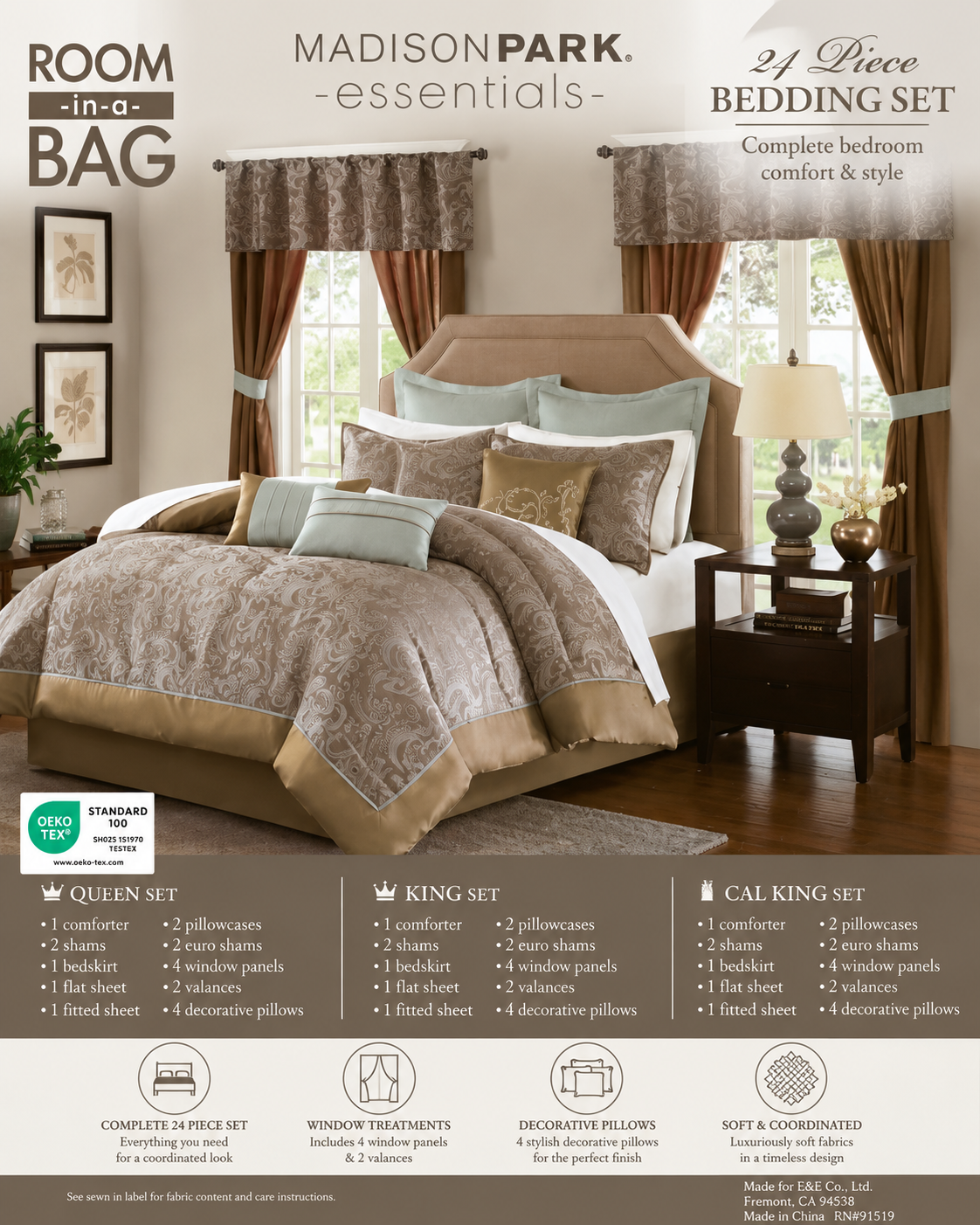 Madison Park Essentials 24-Piece Paisley Comforter Bedding Set with Curtains – Taupe/Gray