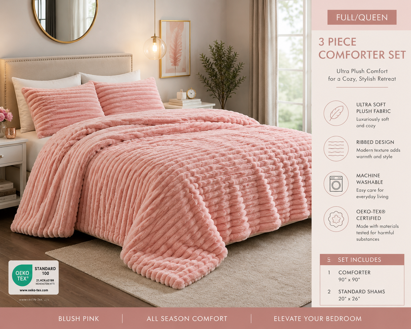Ultra Plush Ribbed Faux Fur Comforter Set – Blush Pink – Full/Queen – 3 Piece