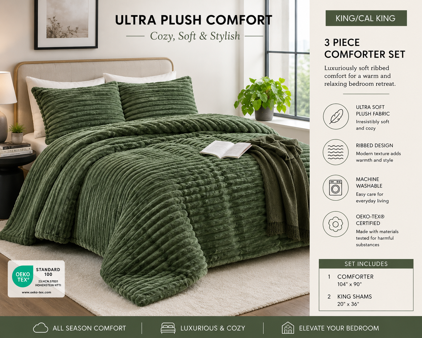 Ultra Plush Ribbed Faux Fur Comforter Set – Forest Green – King/California King – 3 Piece