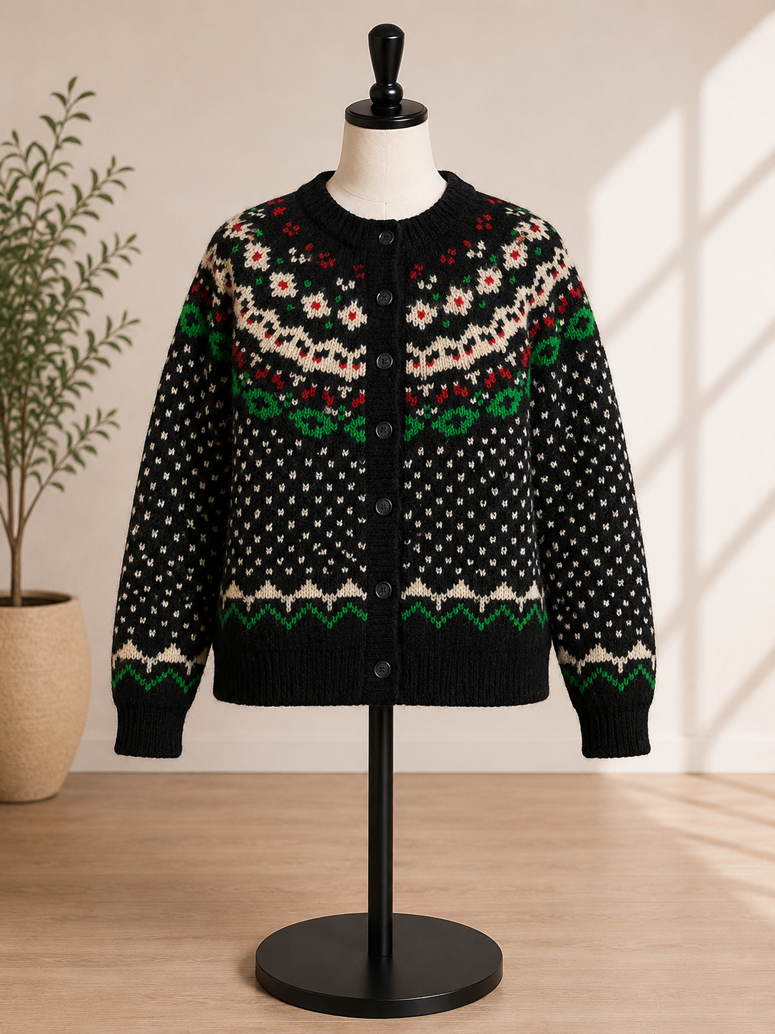 Women's Fair Isle Button-Front Knit Cardigan Sweater – Black Multi