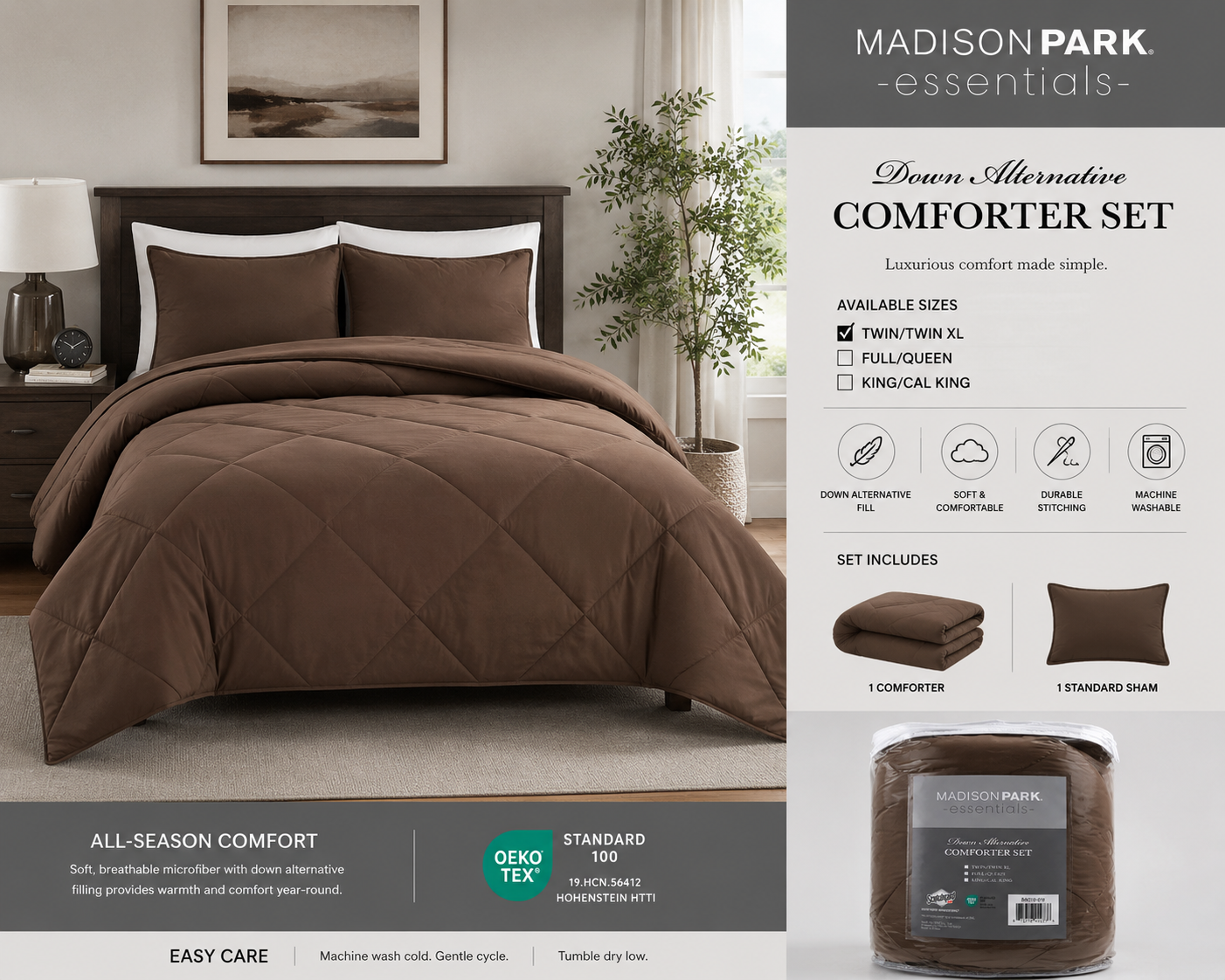 Madison Park Essentials Down Alternative Comforter Set – Brown | Ultra-Soft All-Season Bedding