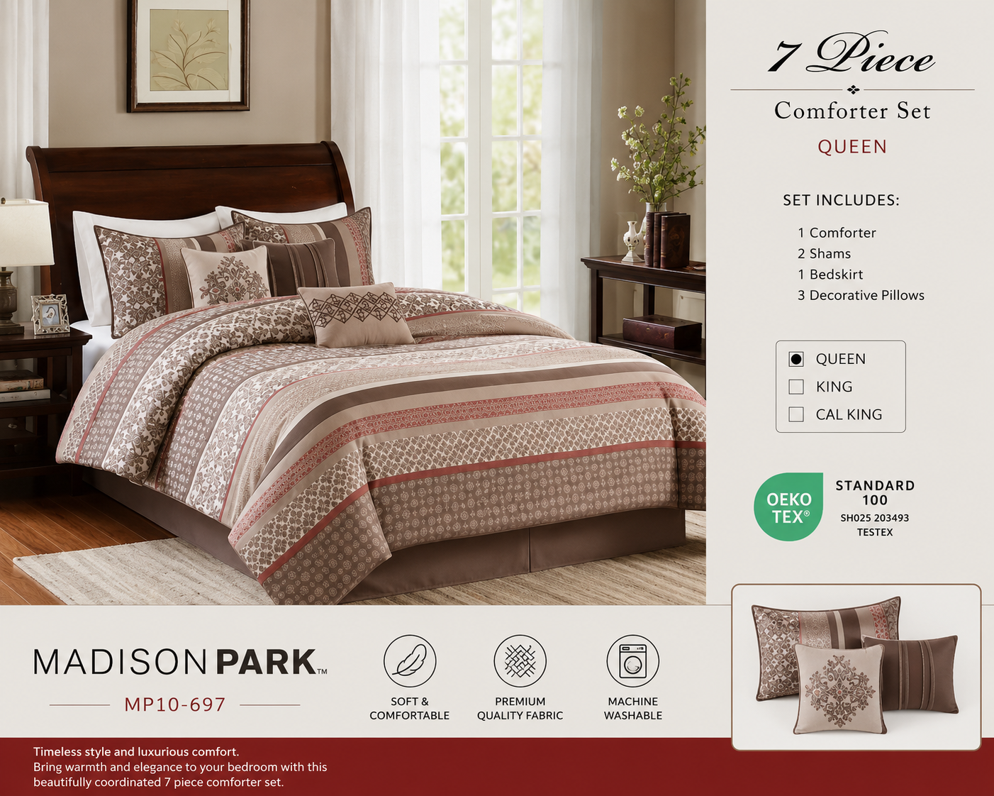 Madison Park 7-Piece Comforter Set| Traditional Medallion Stripe Bedding with Decorative Pillows