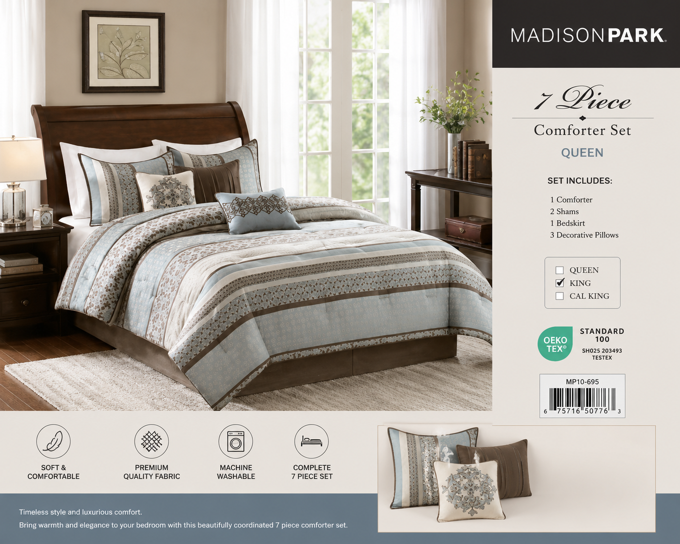 Madison Park 7-Piece Comforter Set| Blue, Gray & Taupe Stripe Bedding with Decorative Pillows