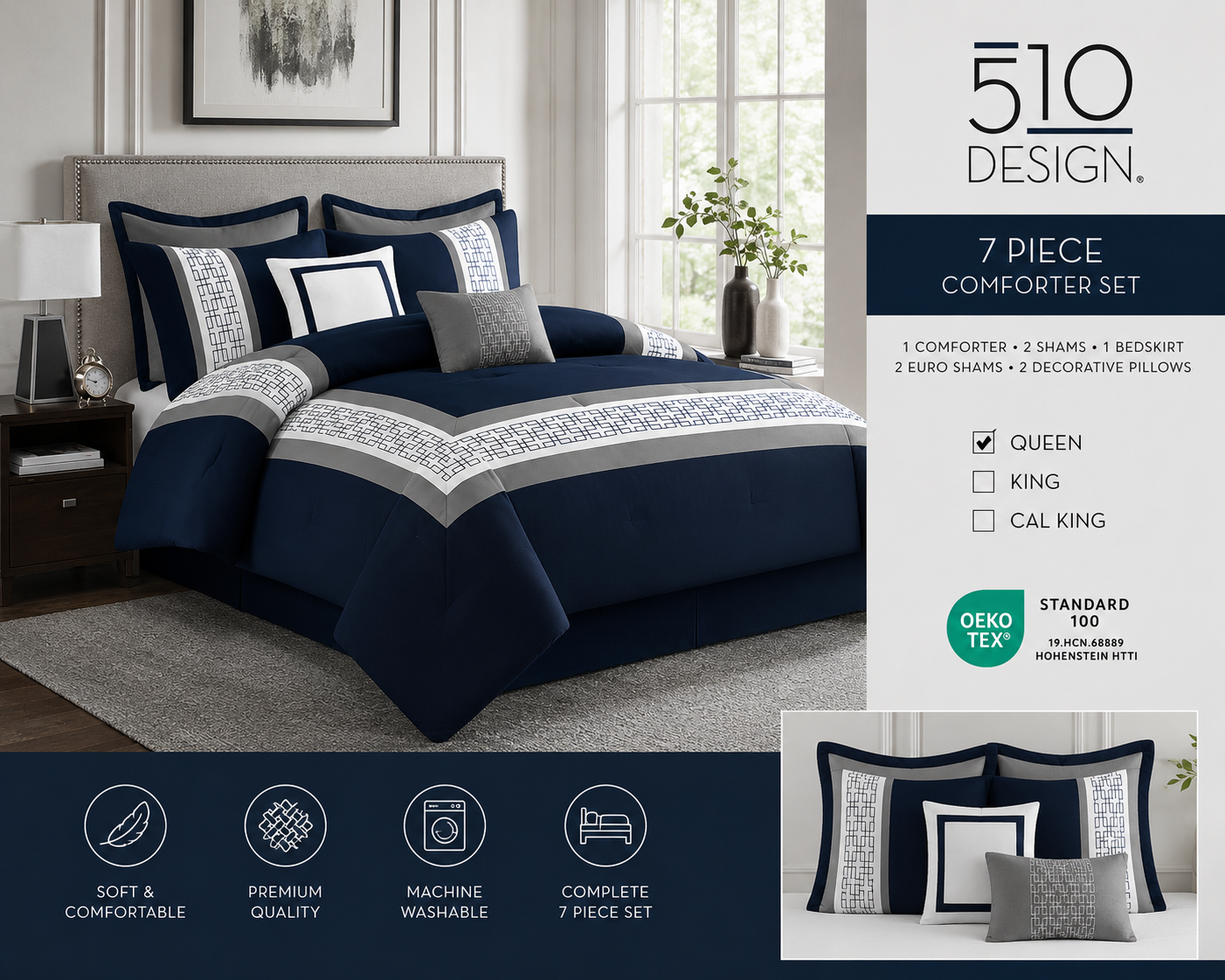 510 Design 7-Piece Comforter Set –| Navy Blue, Gray & White Modern Geometric Bedding