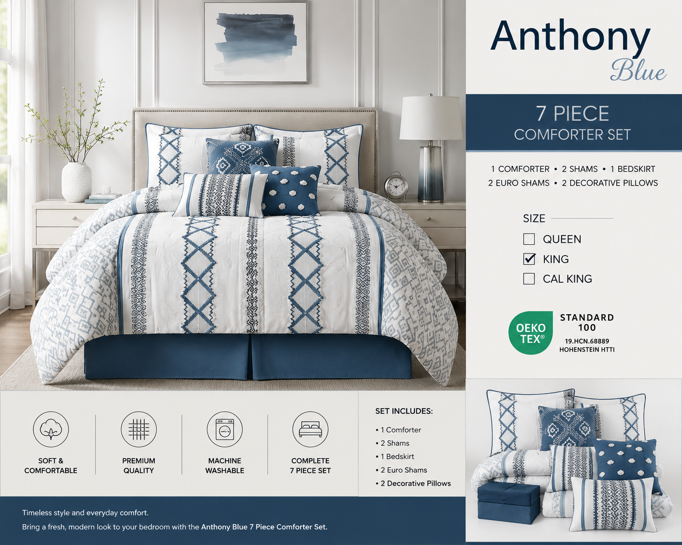 Anthony Blue 7-Piece Comforter Set| Modern Blue & White Geometric Bedding Set