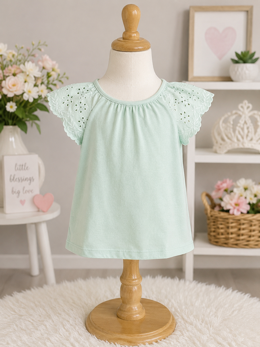 Sweet Mint Eyelet Flutter Sleeve Girls Top