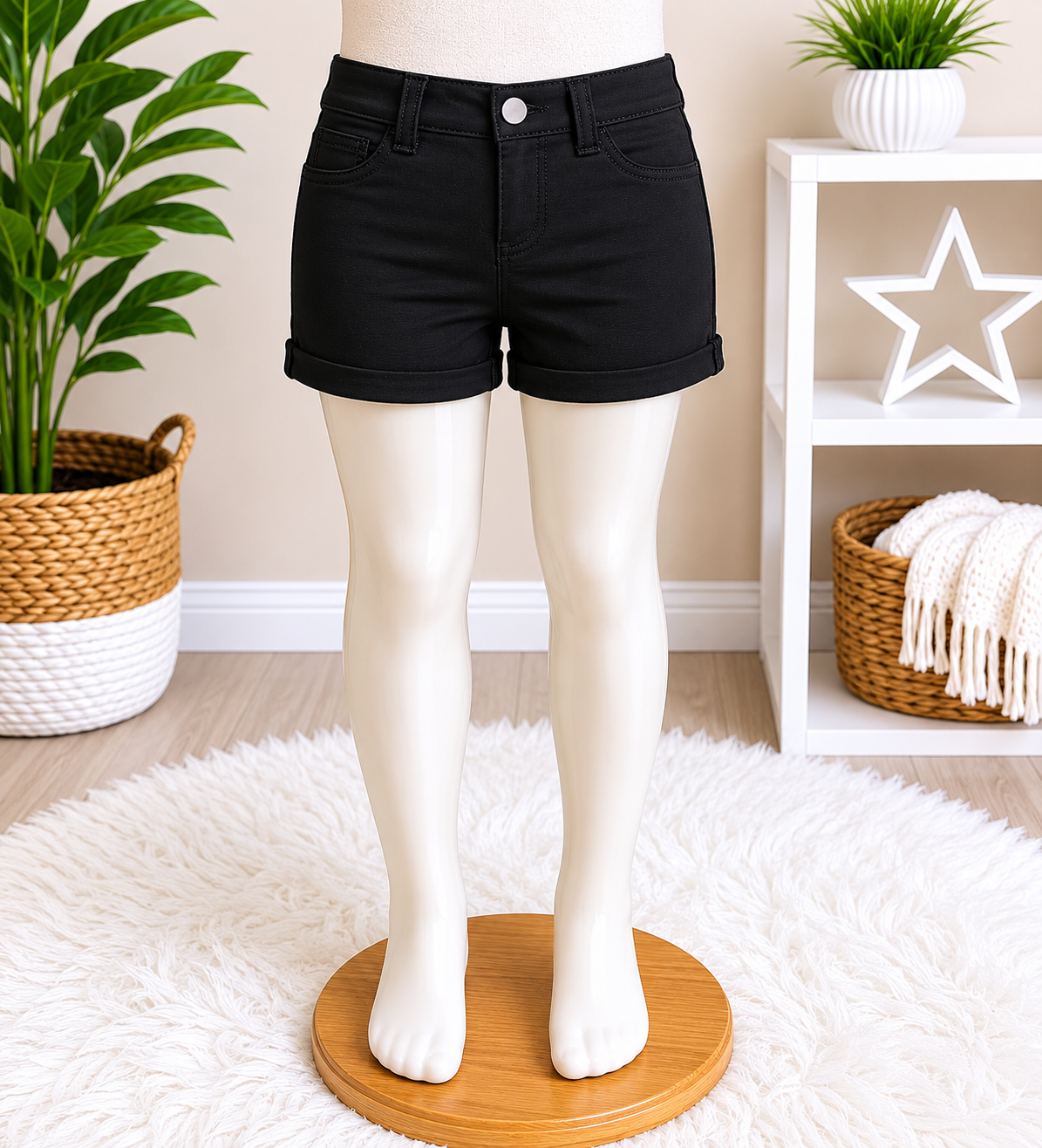 Girls Black Stretch Roll-Cuff Shorts
