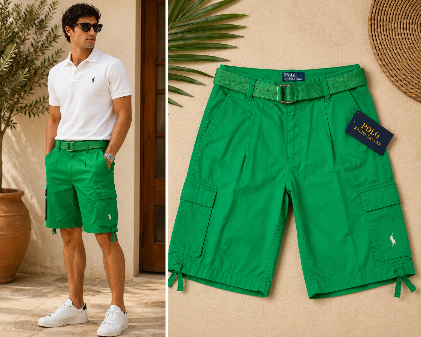 Polo Ralph Lauren Men's Green Cargo Shorts with Belt