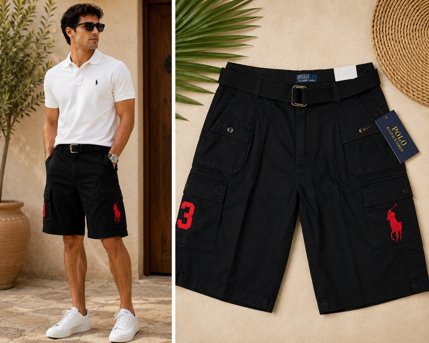 Polo Ralph Lauren Men's Black Cargo Shorts with Red Big Pony Logo