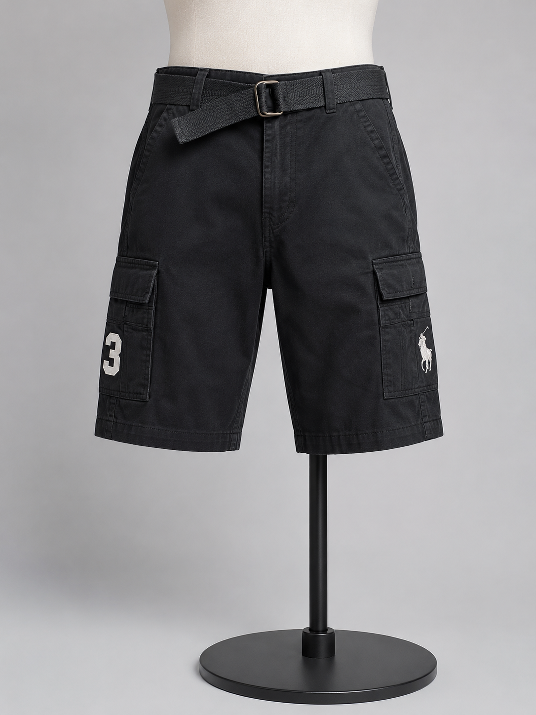 Polo-Inspired Black Cargo Shorts with Belt