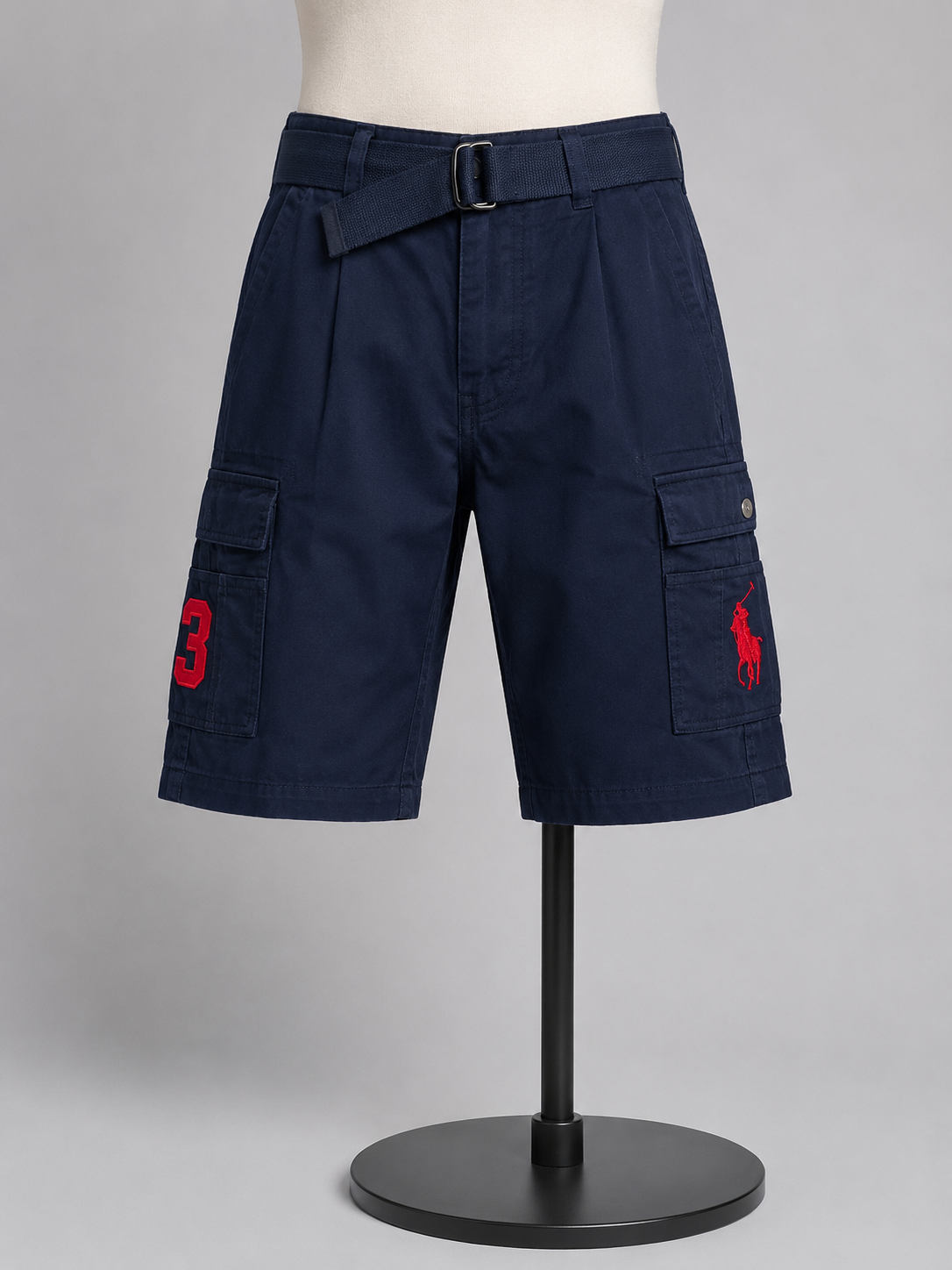 Men's Polo-Inspired Navy Blue Cargo Shorts with Belt